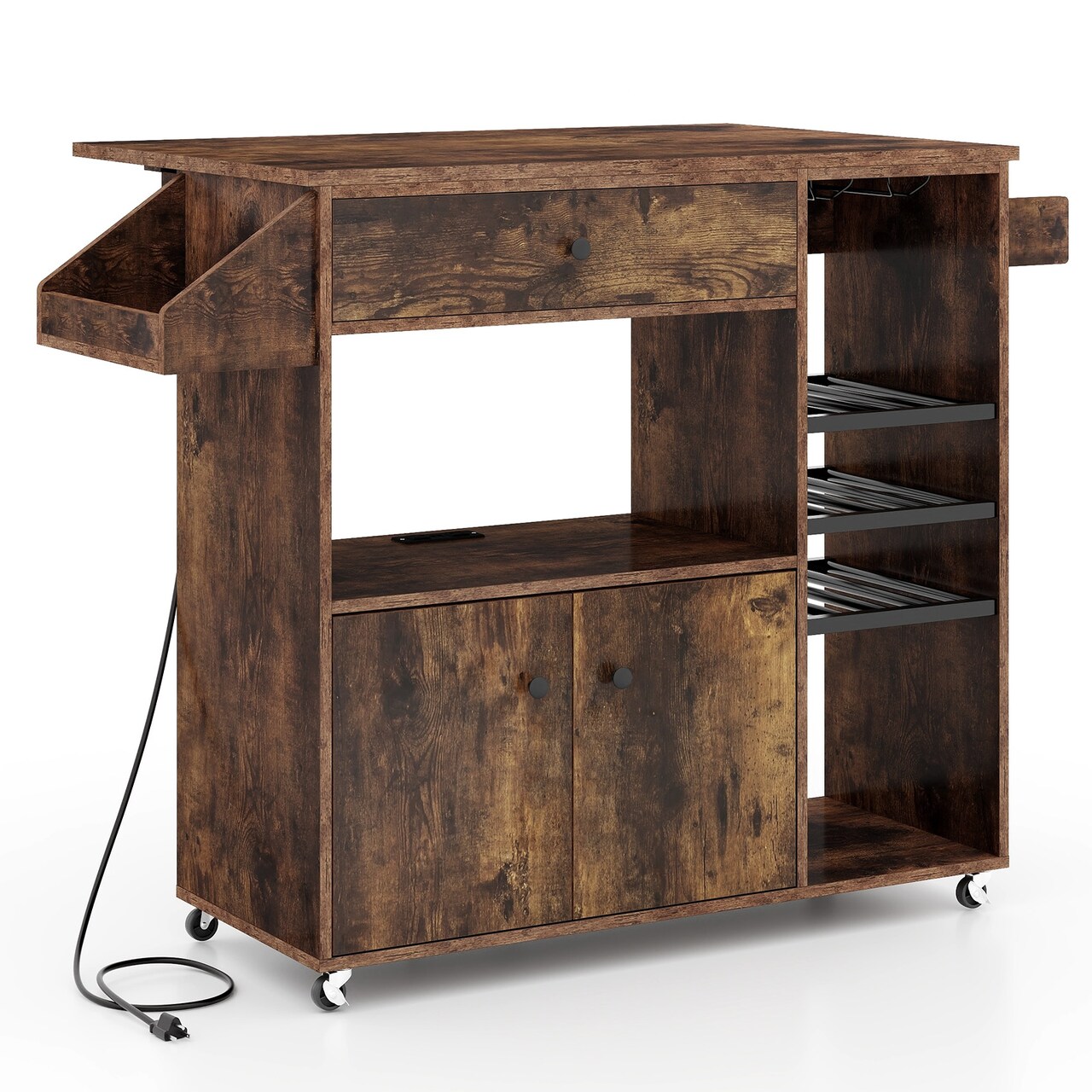 Kitchen Drop Leaf Island Cart with Power Outlets and Wine Rack Storage Shelves Locking Wheels